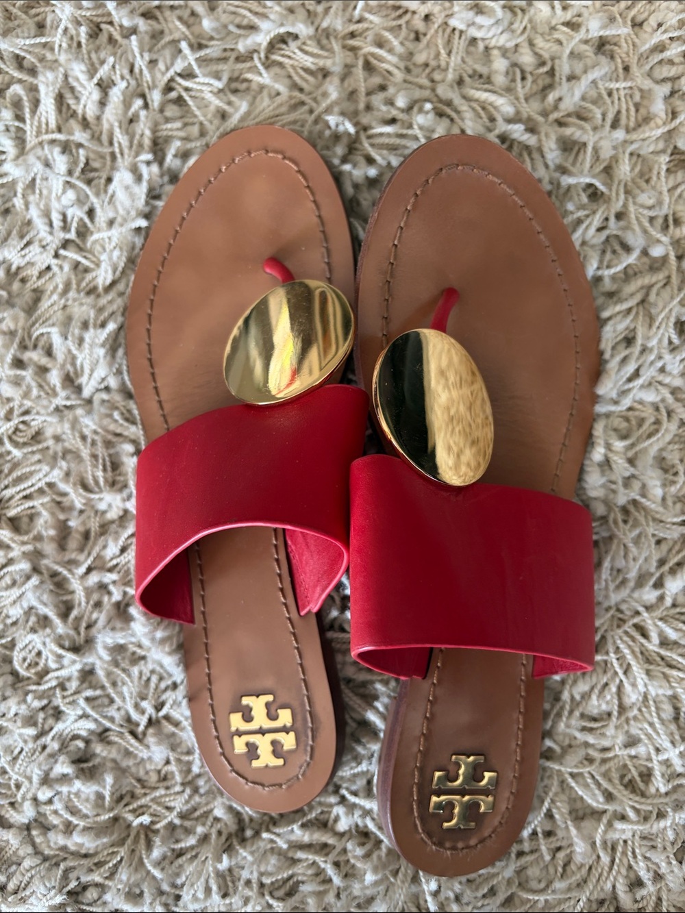 Tory Burch Red Leather Slide Sandals with Gold Medallions 7.5